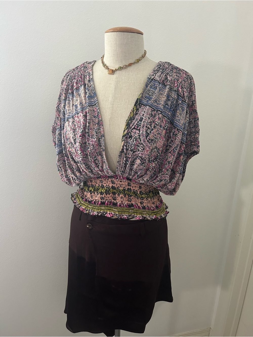 Free People Smocked Waist Floral V-Neck Top in Pink and Blue